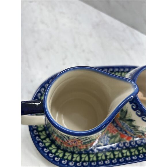 Unikat Polish Pottery Floral Creamer Pitcher And Honey Jar On Serving Tray - Picture 11 of 11